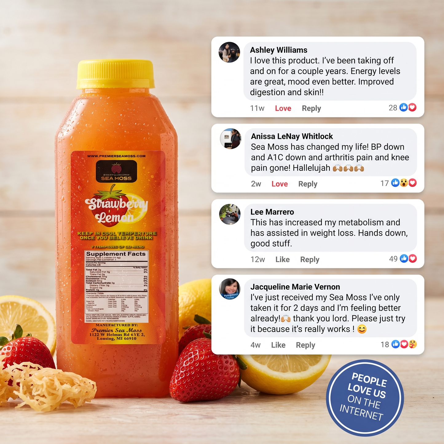 Premierseamoss Sea Moss Lemonade in a 12 oz bottle, vibrant yellow drink with fresh lemon slices and sea moss ingredients visible.