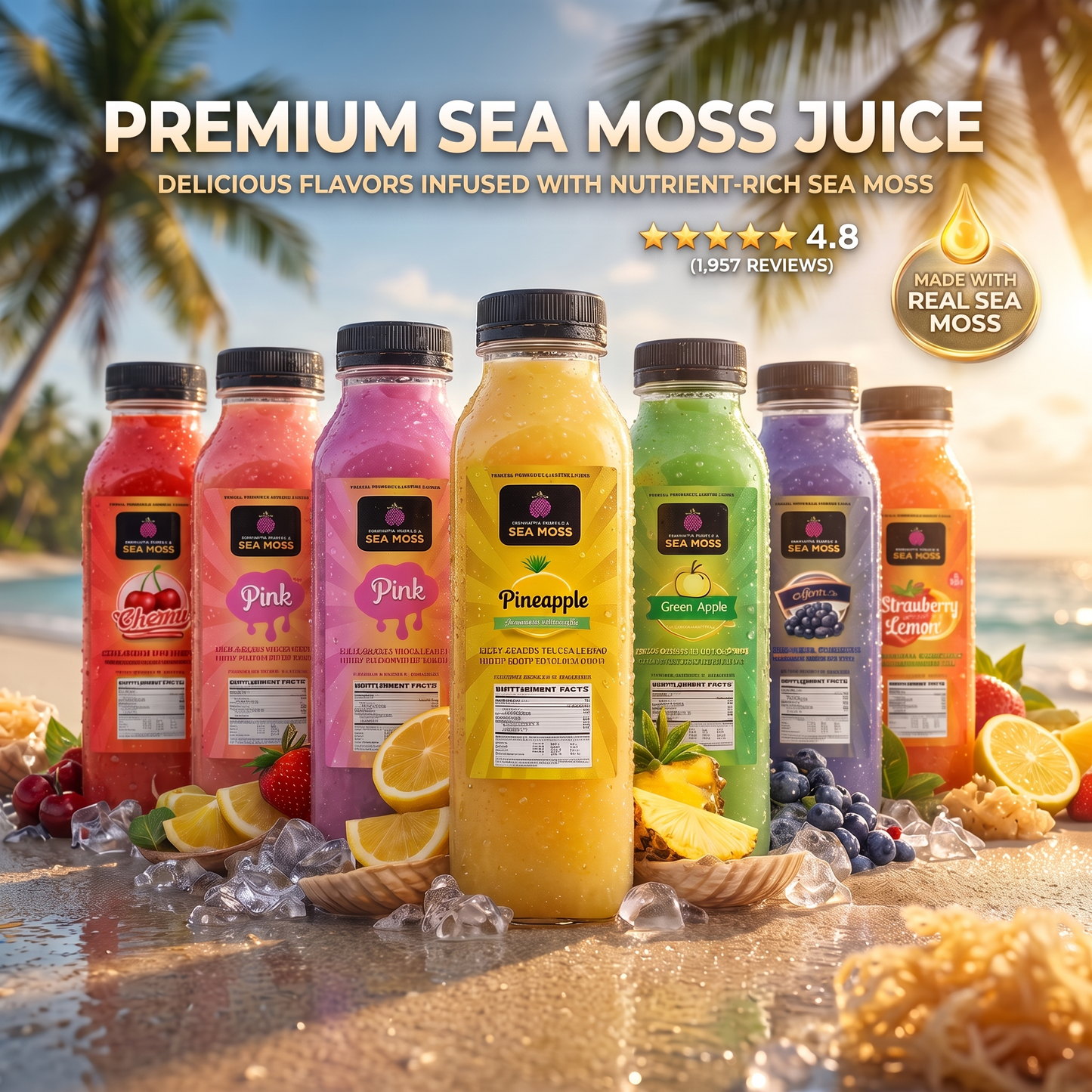 12 oz bottle of PremierSeaMoss Sea Moss Lemonade showing a clear glass filled with vibrant yellow lemonade and a lemon wedge garnish