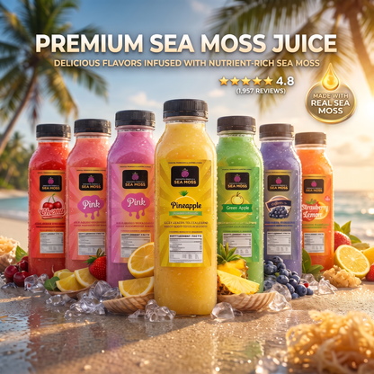 12 oz bottle of PremierSeaMoss Sea Moss Lemonade showing a clear glass filled with vibrant yellow lemonade and a lemon wedge garnish