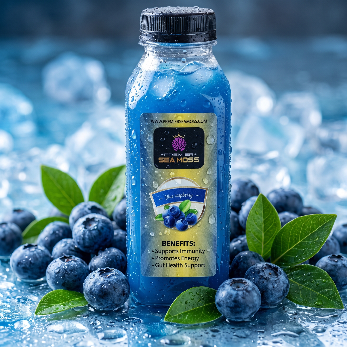 12 oz bottle of Premier Seamoss Sea Moss Lemonade showing the clear liquid and label with lemon illustrations.