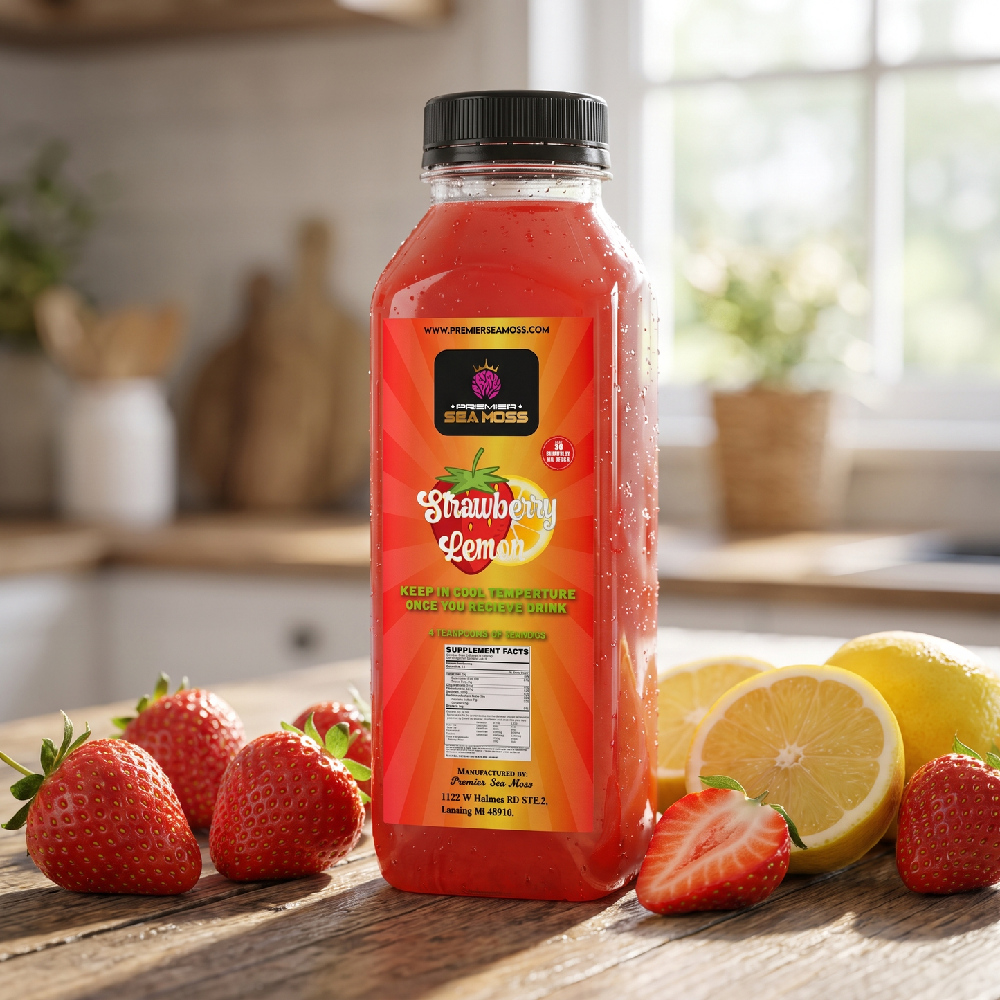 12 oz jar of PremierSeaMoss Sea Moss Lemonade with fresh lemon slices and a vibrant yellow drink in a clear glass.