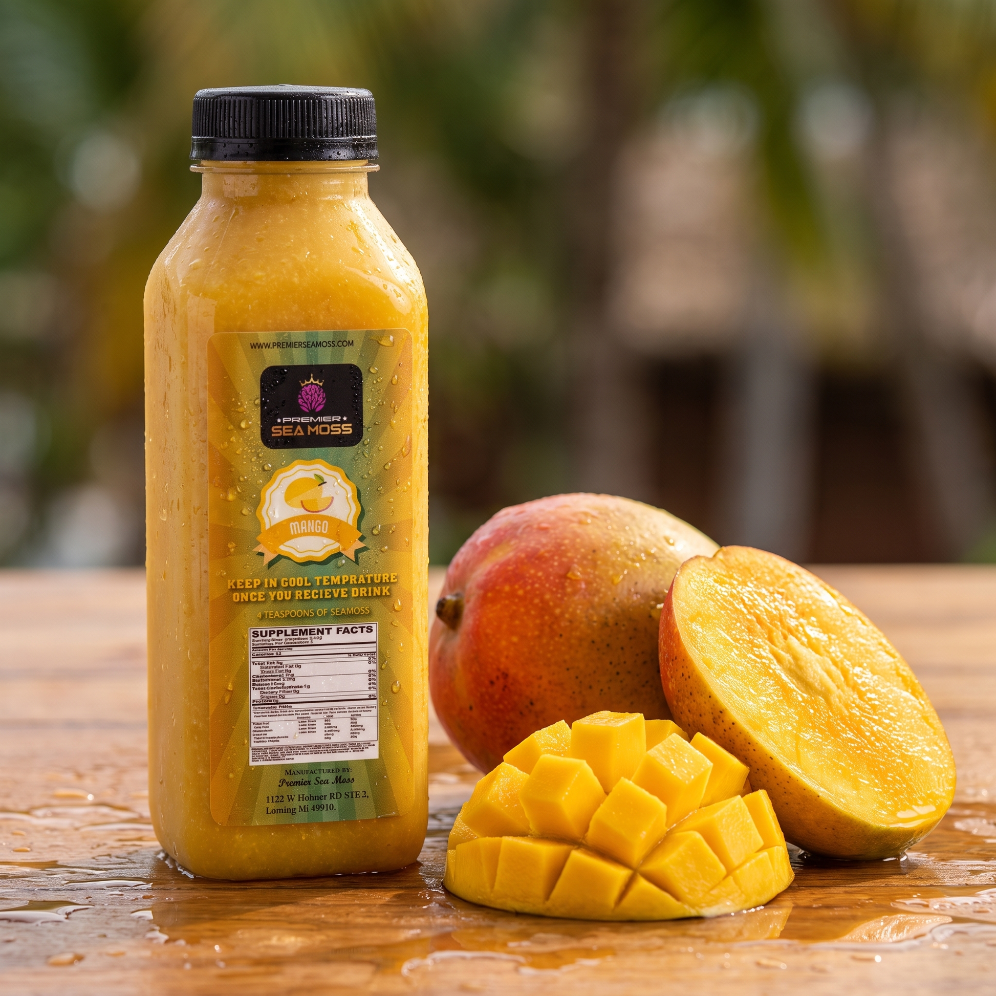 Sea Moss Lemonade in a 12 oz bottle by Premier Seamoss, showing the clear glass bottle with yellow lemonade and sea moss inside.