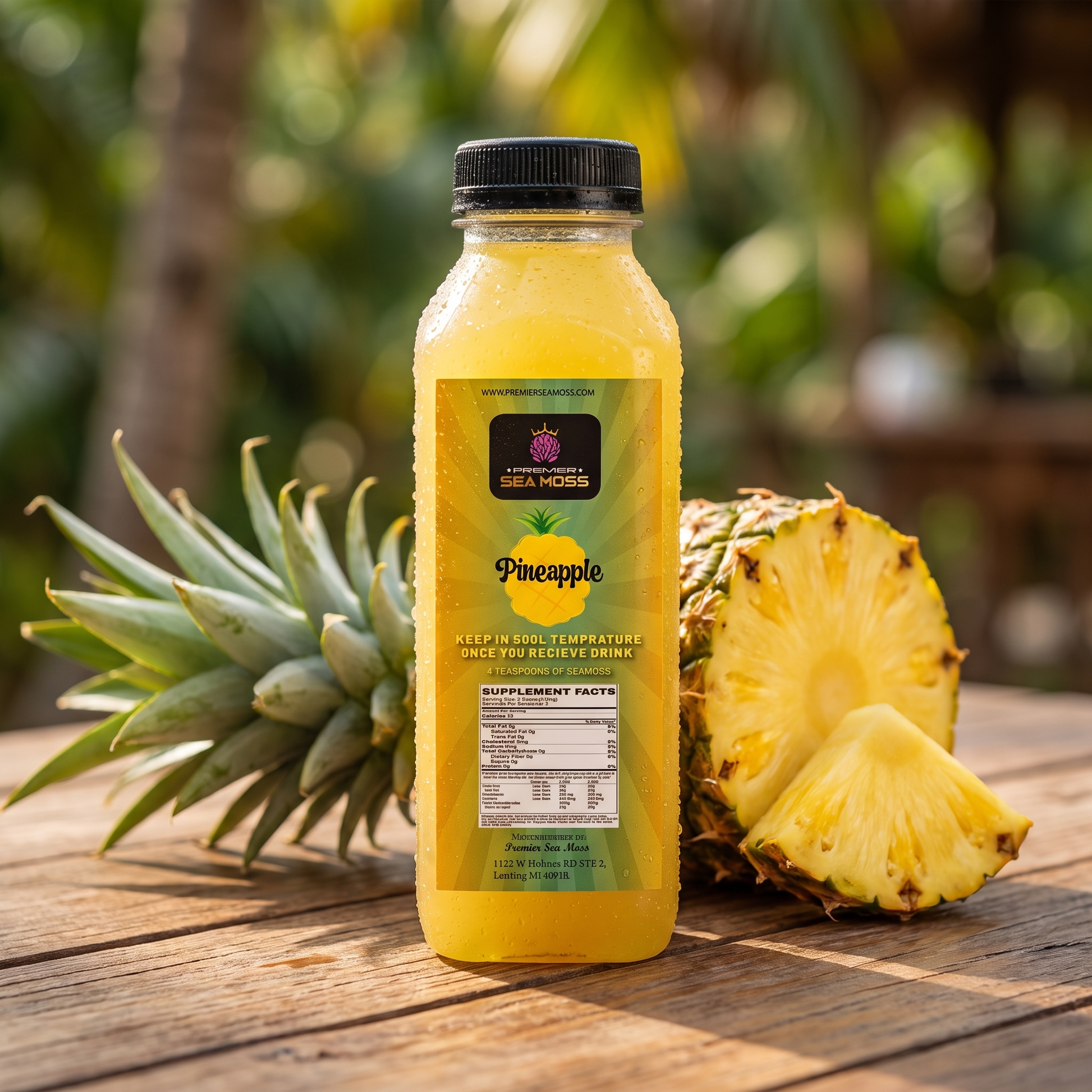 12 oz bottle of PremierSeaMoss Sea Moss Lemonade showing a clear glass filled with yellow lemonade and fresh lemon slices.
