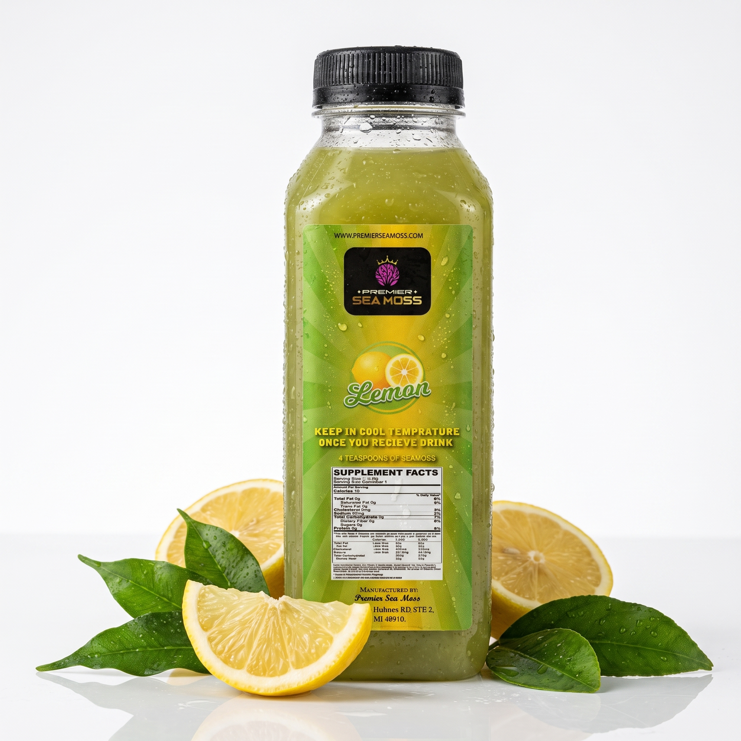 12 oz jar of PremierSeamoss Sea Moss Lemonade with fresh lemon slices and sea moss pieces in a clear glass container.