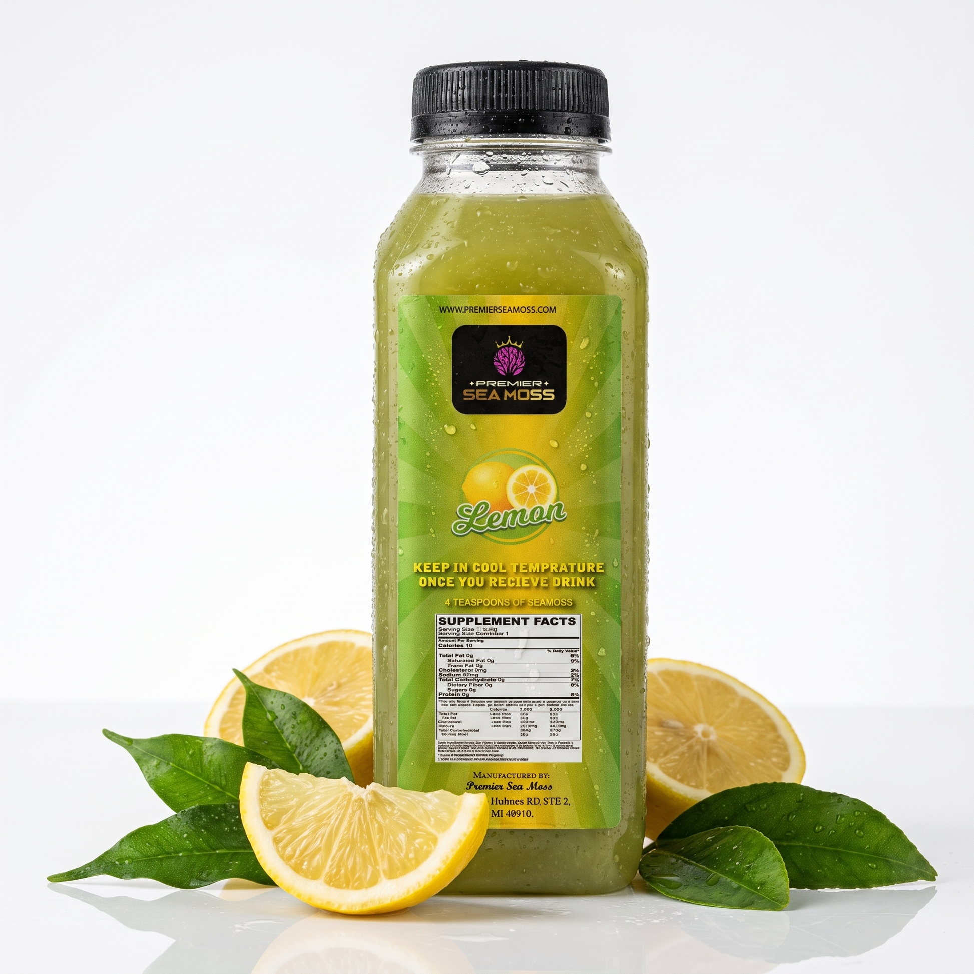 12 oz jar of PremierSeamoss Sea Moss Lemonade with fresh lemon slices and sea moss pieces in a clear glass container.