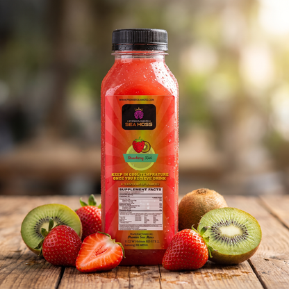 12 oz bottle of PremierSeaMoss Sea Moss Lemonade featuring a clear bottle with lemon slices and sea moss inside.