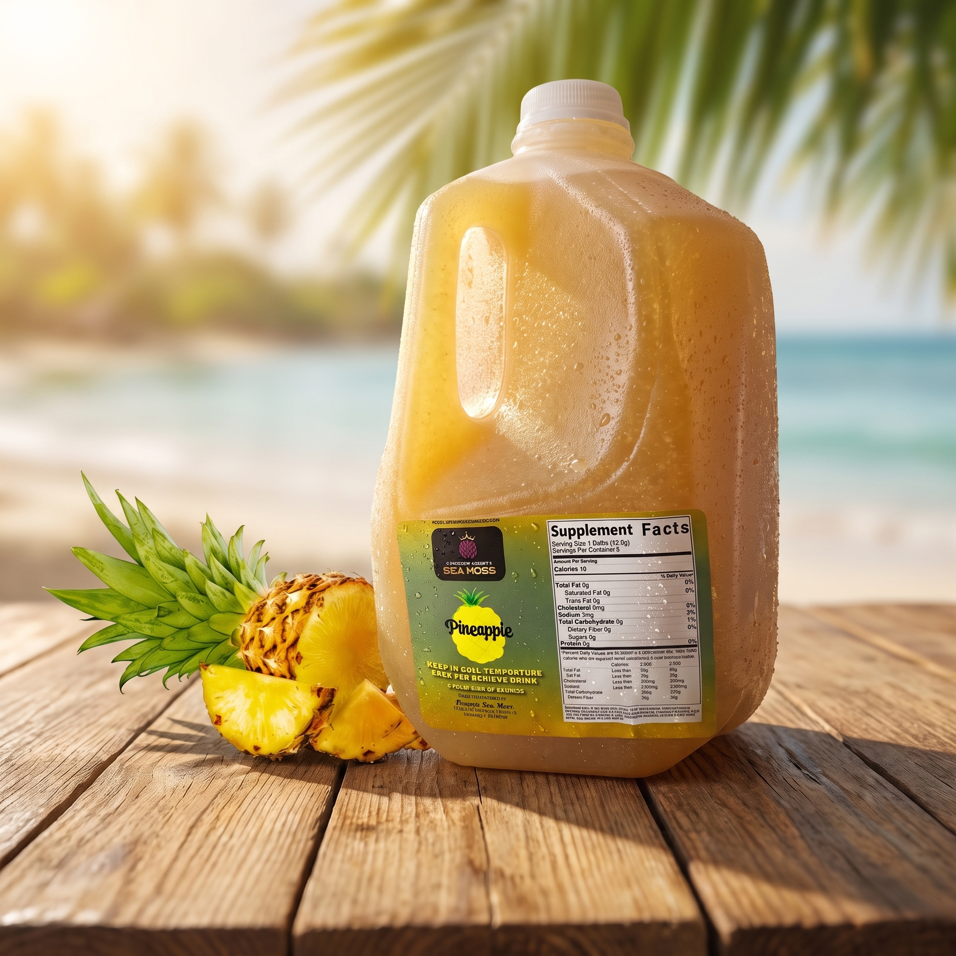 Large 64oz gallon of PremierSeaMoss sea moss, showing fresh, vibrant sea moss in a clear container for health and nutrition.