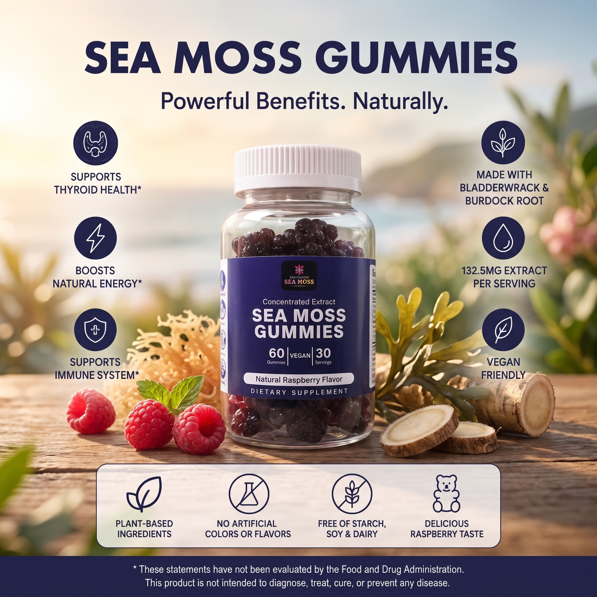Premierseamoss Seamoss Gummies showing colorful, gummy supplement candies with a natural health focus.