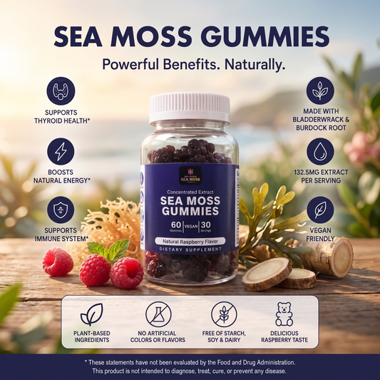 Premierseamoss Seamoss Gummies showing colorful, gummy supplement candies with a natural health focus.